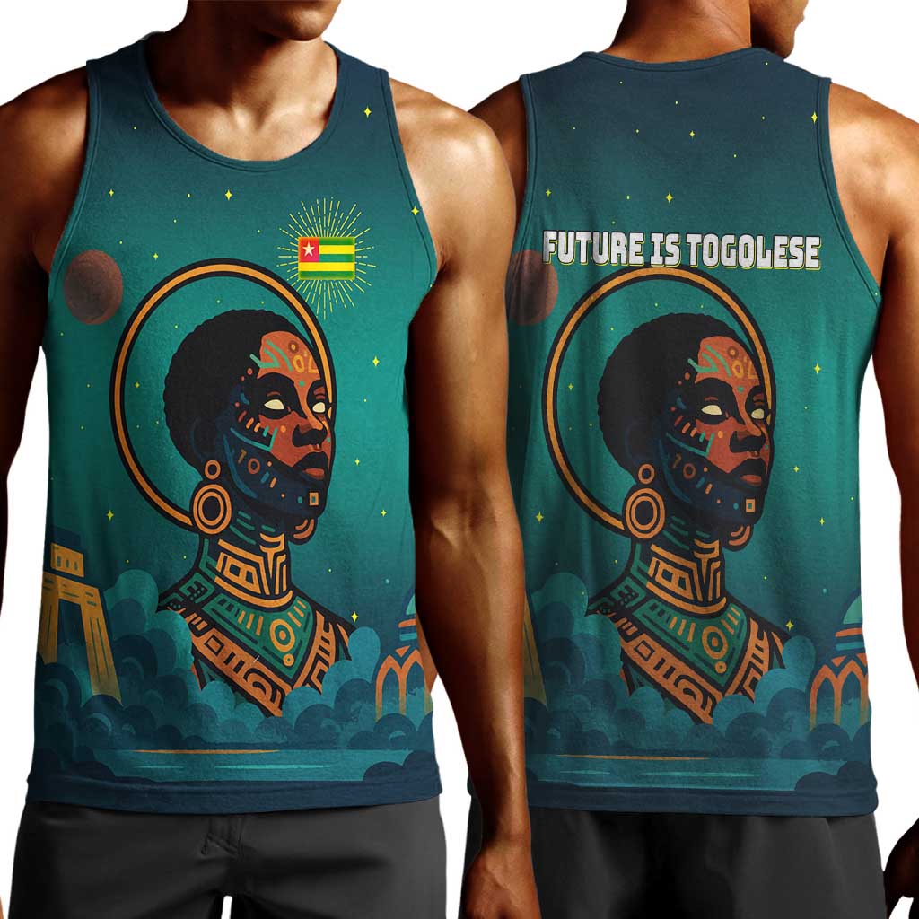 Togo Futuristic Afrocentric Woman Men Tank Top with Flag and Stars Design