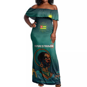 Togo Futuristic Afrocentric Woman Off Shoulder Maxi Dress with Flag and Stars Design