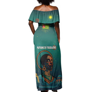 Togo Futuristic Afrocentric Woman Off Shoulder Maxi Dress with Flag and Stars Design