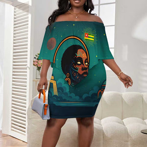 Togo Futuristic Afrocentric Woman Off Shoulder Short Dress with Flag and Stars Design