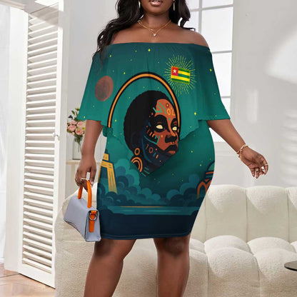 Togo Futuristic Afrocentric Woman Off Shoulder Short Dress with Flag and Stars Design