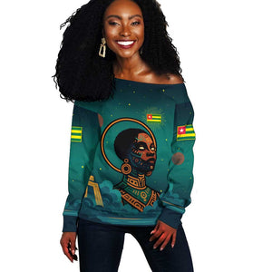 Togo Futuristic Afrocentric Woman Off Shoulder Sweater with Flag and Stars Design