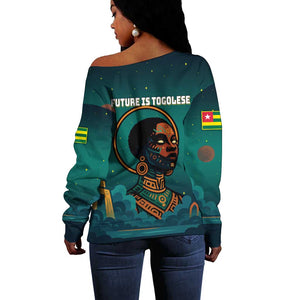 Togo Futuristic Afrocentric Woman Off Shoulder Sweater with Flag and Stars Design