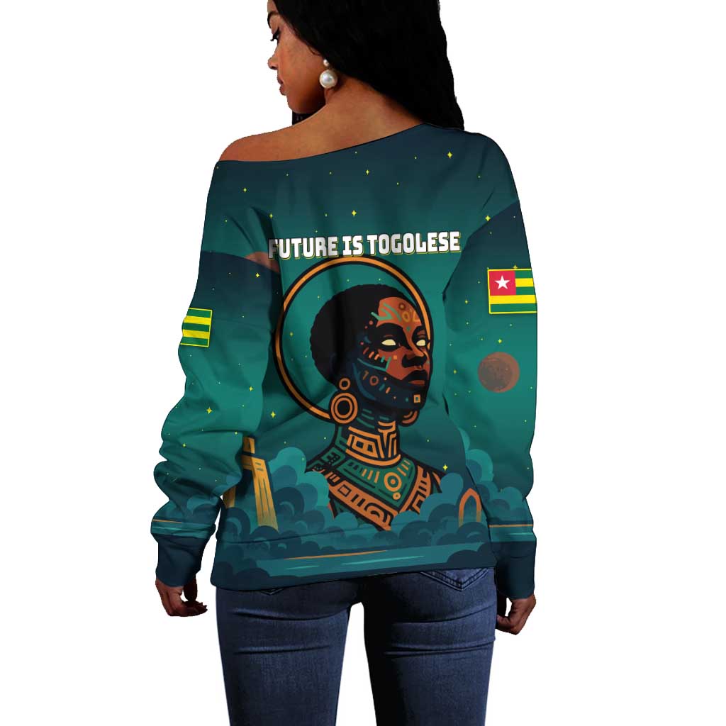 Togo Futuristic Afrocentric Woman Off Shoulder Sweater with Flag and Stars Design