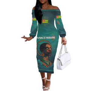 Togo Futuristic Afrocentric Woman Off The Shoulder Long Sleeve Dress with Flag and Stars Design