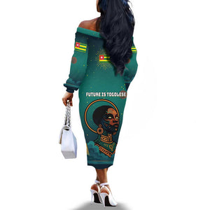 Togo Futuristic Afrocentric Woman Off The Shoulder Long Sleeve Dress with Flag and Stars Design