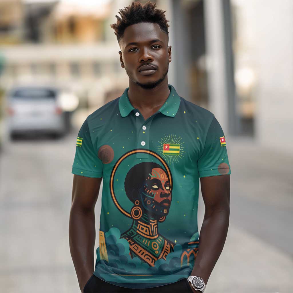 Togo Futuristic Afrocentric Woman Polo Shirt with Flag and Stars Design