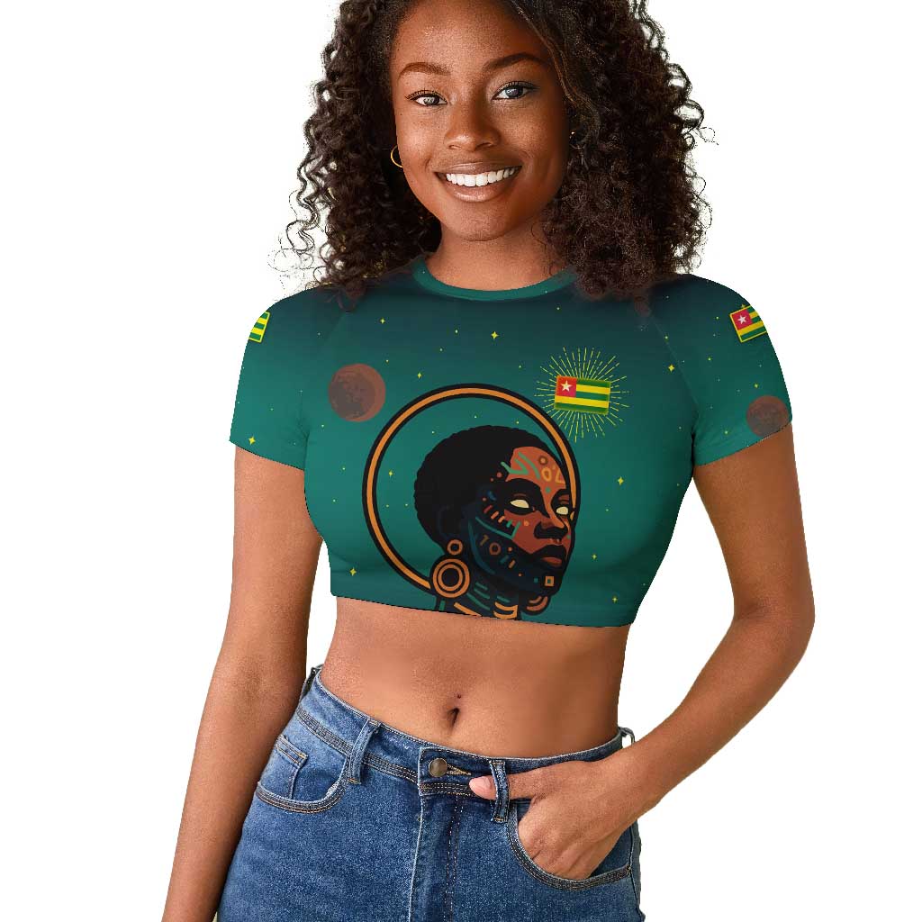 Togo Futuristic Afrocentric Woman Raglan Cropped T shirt with Flag and Stars Design