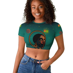 Togo Futuristic Afrocentric Woman Raglan Cropped T shirt with Flag and Stars Design