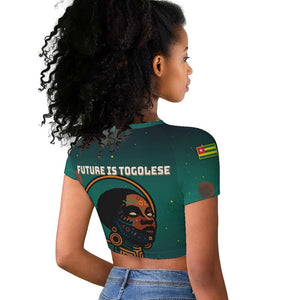 Togo Futuristic Afrocentric Woman Raglan Cropped T shirt with Flag and Stars Design