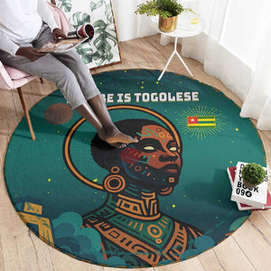 Togo Futuristic Afrocentric Woman Round Carpet with Flag and Stars Design