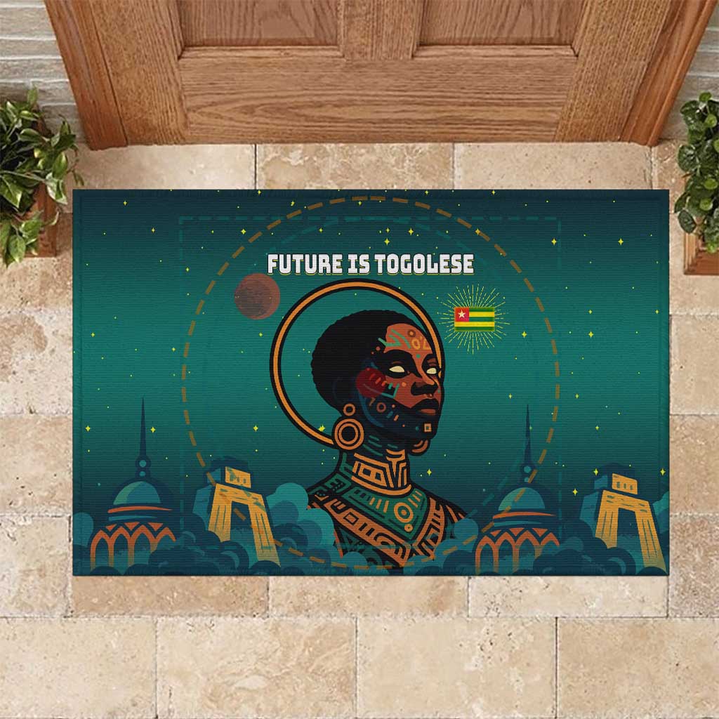 Togo Futuristic Afrocentric Woman Rubber Doormat with Flag and Stars Design