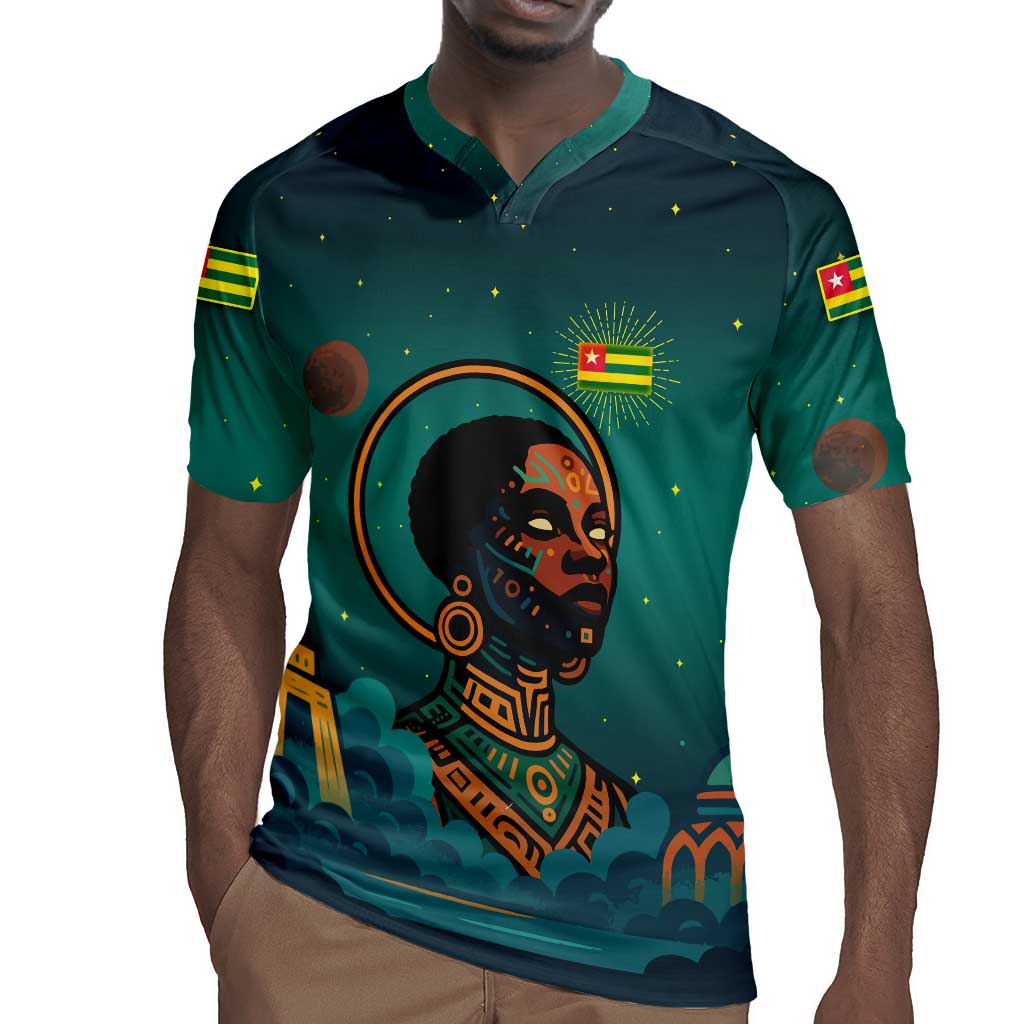 Togo Futuristic Afrocentric Woman Rugby Jersey with Flag and Stars Design