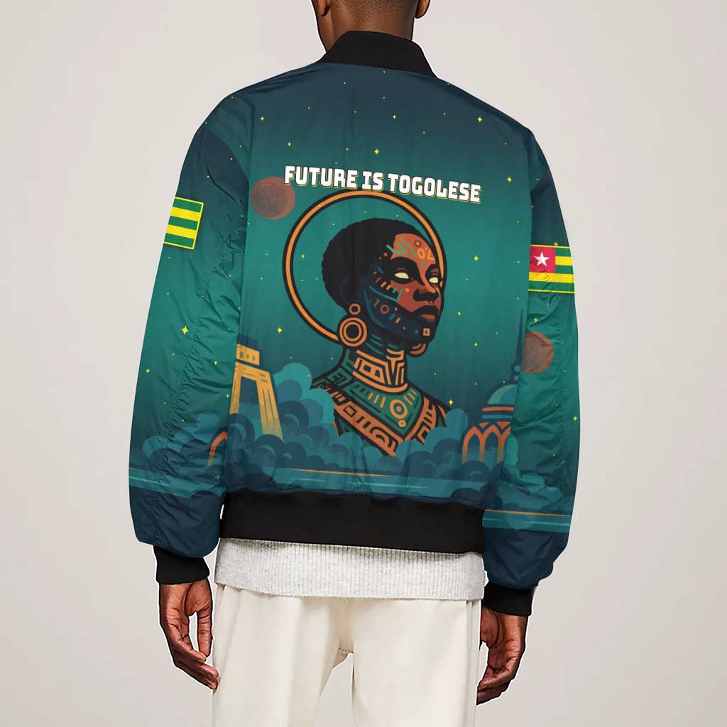 Togo Futuristic Afrocentric Woman Sleeve Zip Bomber Jacket with Flag and Stars Design