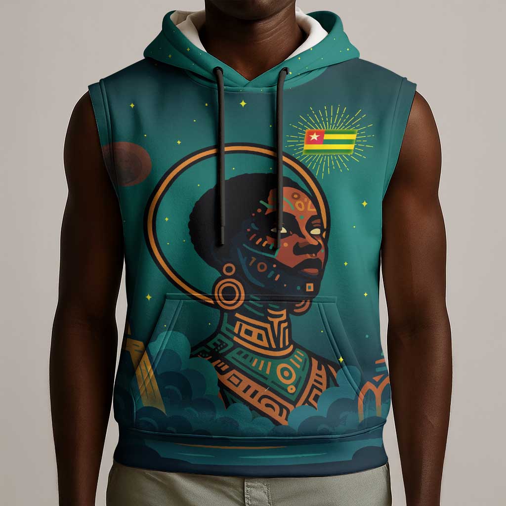 Togo Futuristic Afrocentric Woman Sleeveless Hoodie with Flag and Stars Design - African Pride
