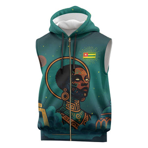 Togo Futuristic Afrocentric Woman Sleeveless Zip Hoodie with Flag and Stars Design - African Pride