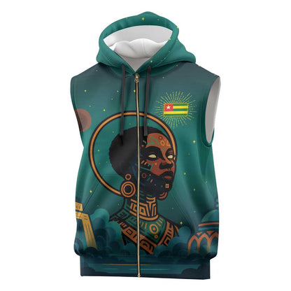 Togo Futuristic Afrocentric Woman Sleeveless Zip Hoodie with Flag and Stars Design - African Pride