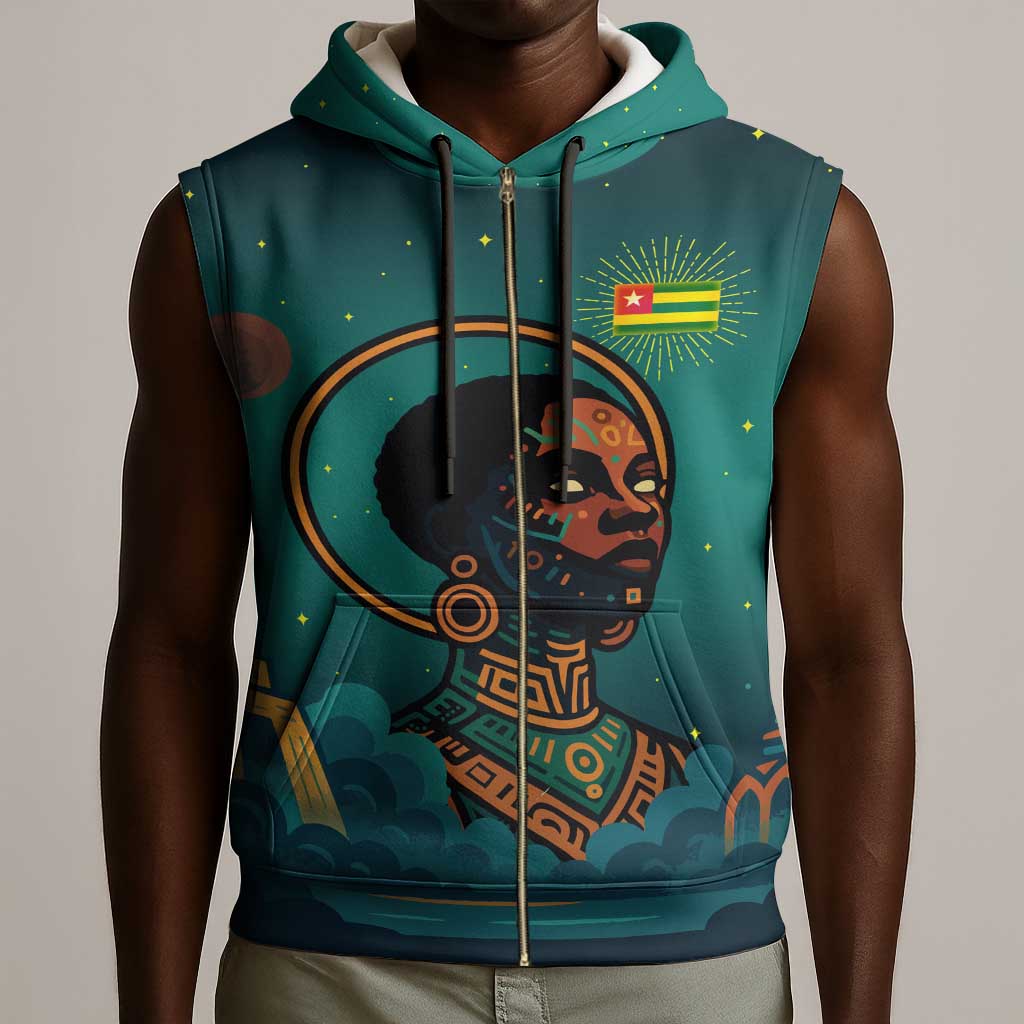 Togo Futuristic Afrocentric Woman Sleeveless Zip Hoodie with Flag and Stars Design - African Pride