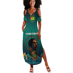 Togo Futuristic Afrocentric Woman Summer Maxi Dress with Flag and Stars Design