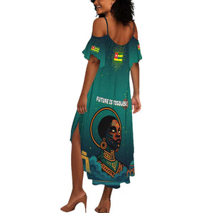 Togo Futuristic Afrocentric Woman Summer Maxi Dress with Flag and Stars Design