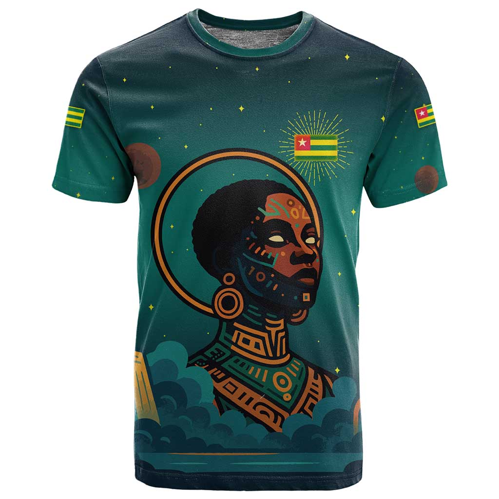 Togo Futuristic Afrocentric Woman T shirt with Flag and Stars Design