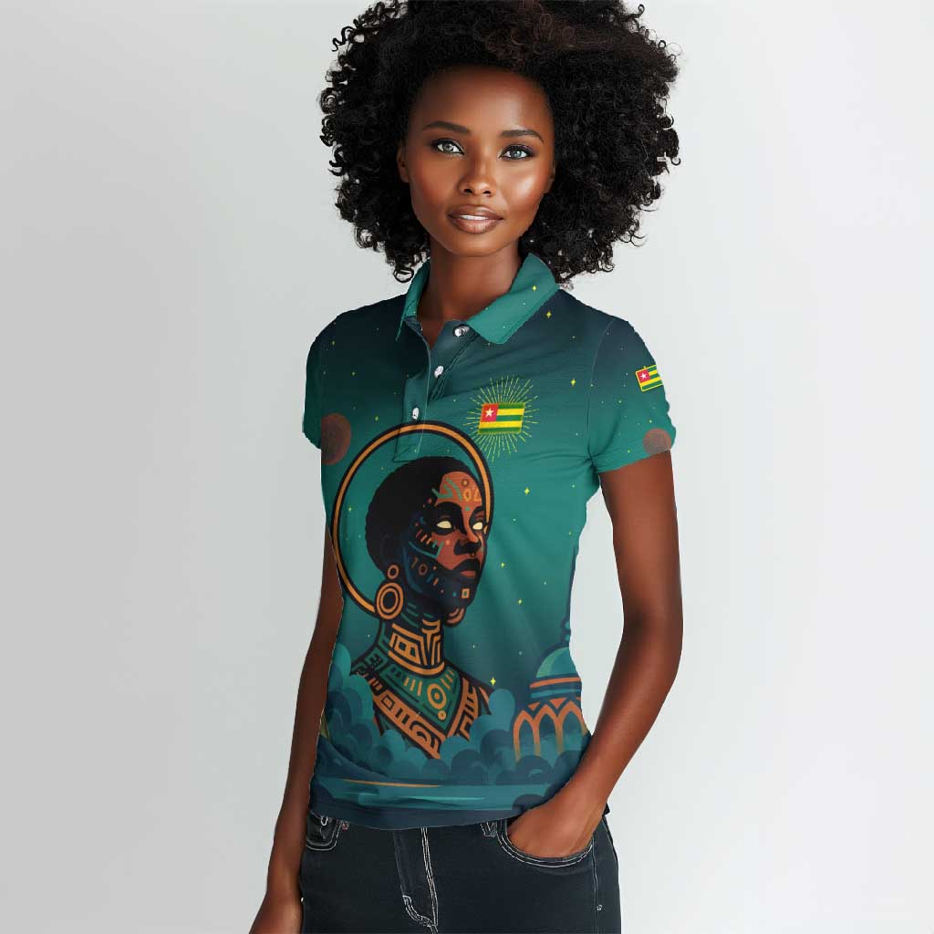 Togo Futuristic Afrocentric Woman Women Polo Shirt with Flag and Stars Design