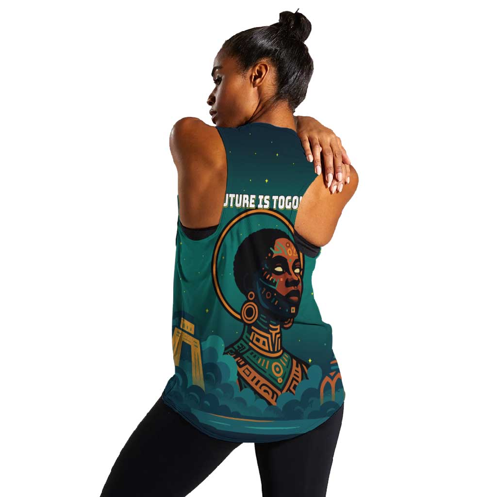 Togo Futuristic Afrocentric Woman Women Racerback Tank with Flag and Stars Design