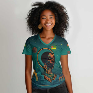 Togo Futuristic Afrocentric Woman Women V-Neck T-Shirt with Flag and Stars Design