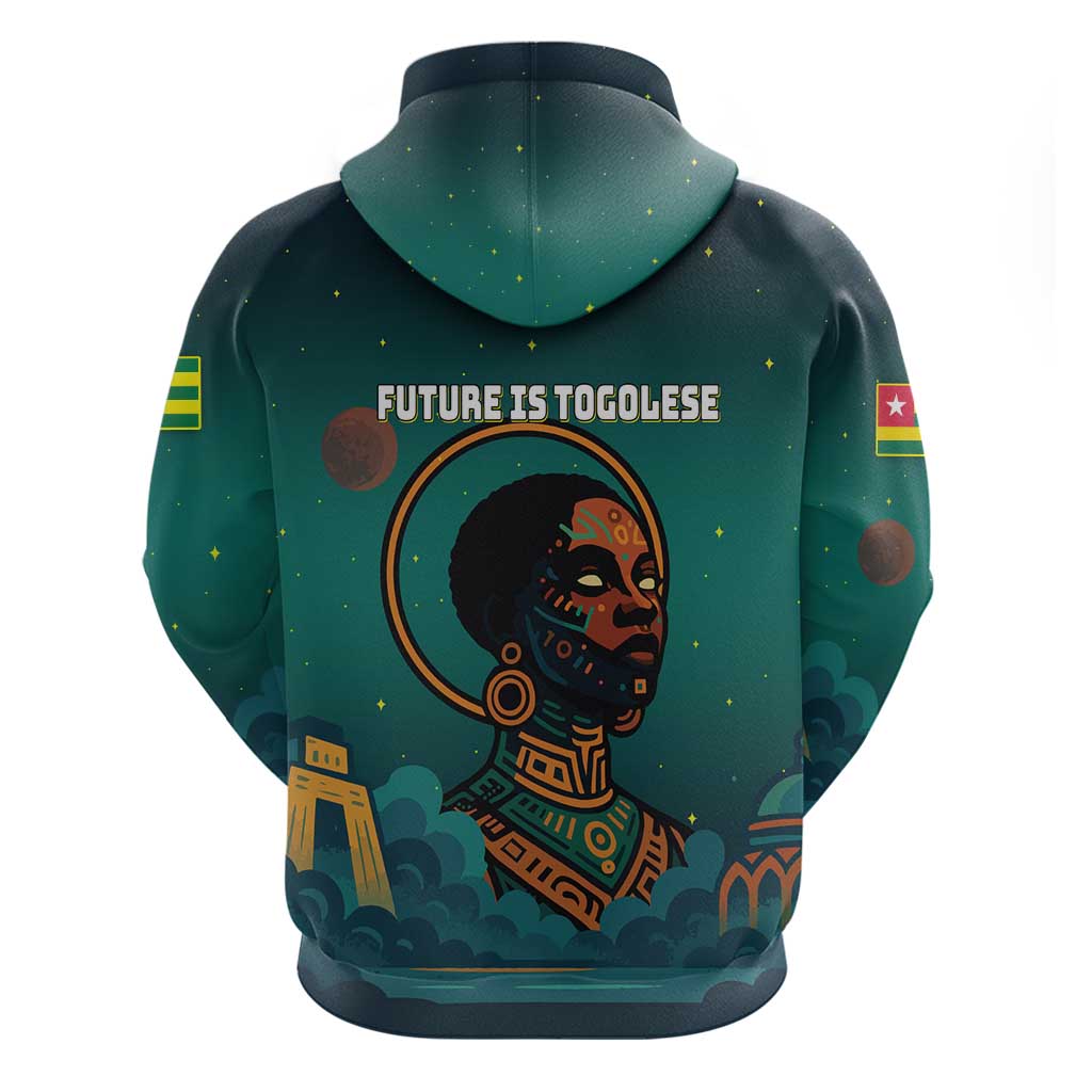 Togo Futuristic Afrocentric Woman Zip Hoodie with Flag and Stars Design