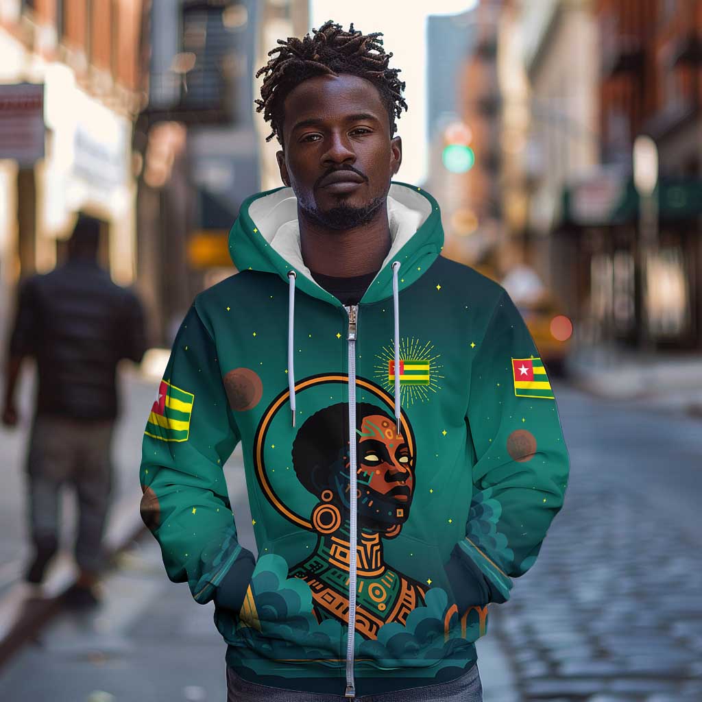Togo Futuristic Afrocentric Woman Zip Hoodie with Flag and Stars Design