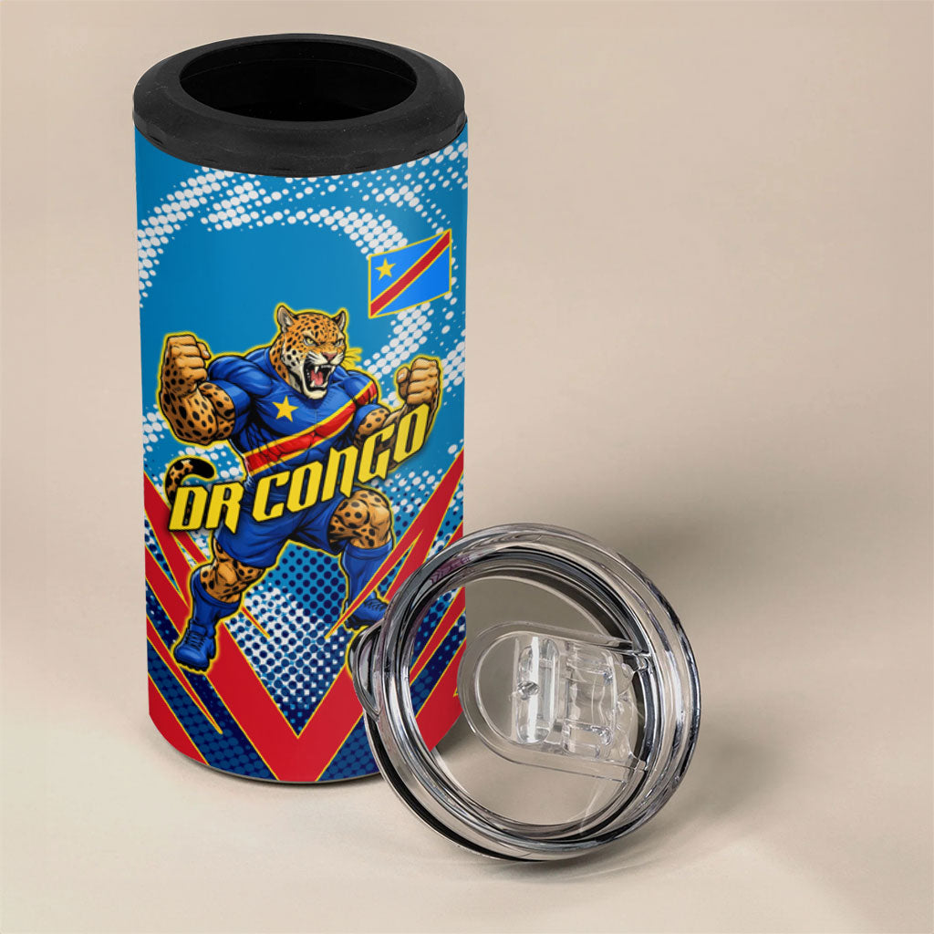 Personalized DR Congo Football Leopard Victory 4 in 1 Can Cooler Tumbler Congolese Soccer Comic Style