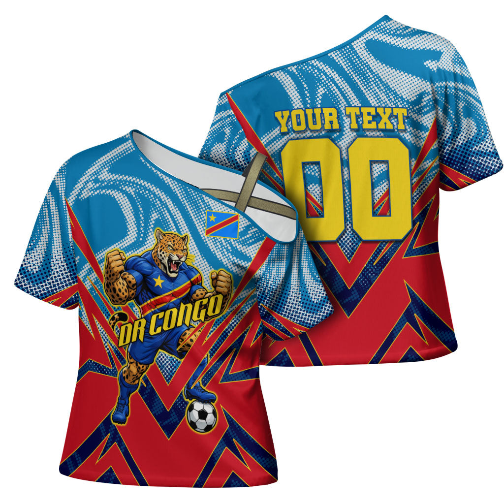 Personalized DR Congo Football Leopard Victory Cross Shoulder Shirt Congolese Soccer Comic Style