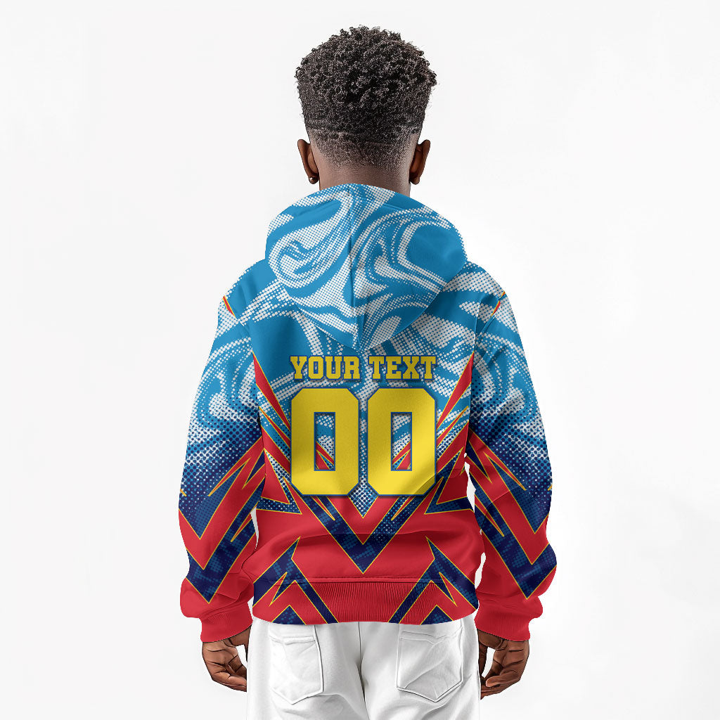 Personalized DR Congo Football Leopard Victory Kid Hoodie Congolese Soccer Comic Style