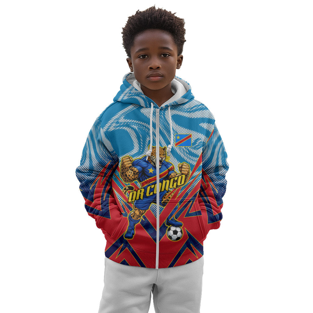 Personalized DR Congo Football Leopard Victory Kid Hoodie Congolese Soccer Comic Style