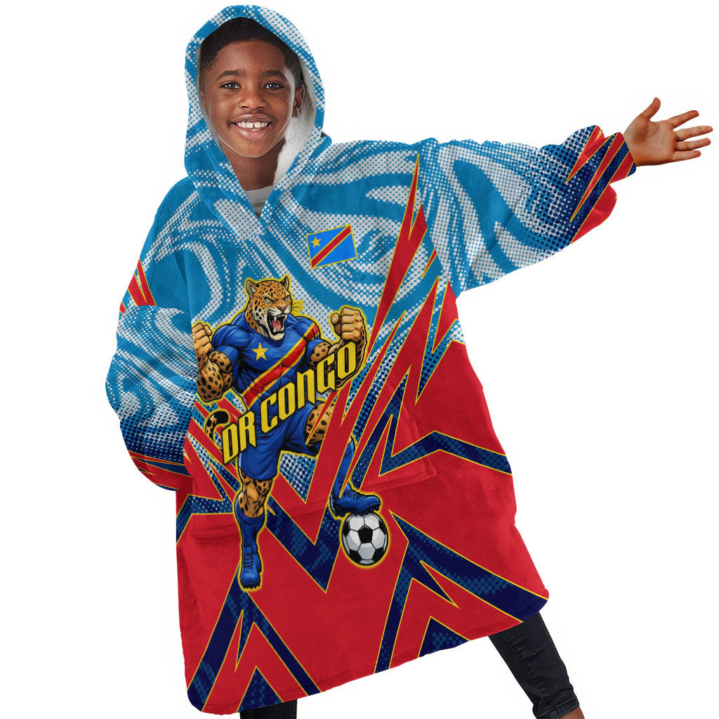 Personalized DR Congo Football Leopard Victory Kid Wearable Blanket Hoodie Congolese Soccer Comic Style