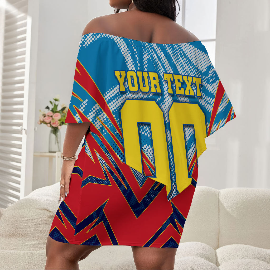Personalized DR Congo Football Leopard Victory Off Shoulder Short Dress Congolese Soccer Comic Style