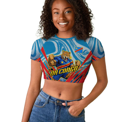 Personalized DR Congo Football Leopard Victory Raglan Cropped T shirt Congolese Soccer Comic Style