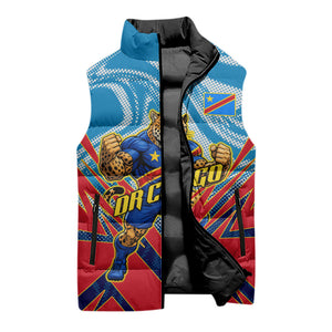 Personalized DR Congo Football Leopard Victory Sleeveless Puffer Jacket Congolese Soccer Comic Style