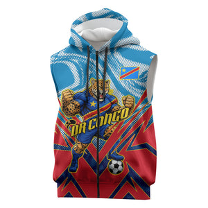 Personalized DR Congo Football Leopard Victory Sleeveless Zip Hoodie Congolese Soccer Comic Style