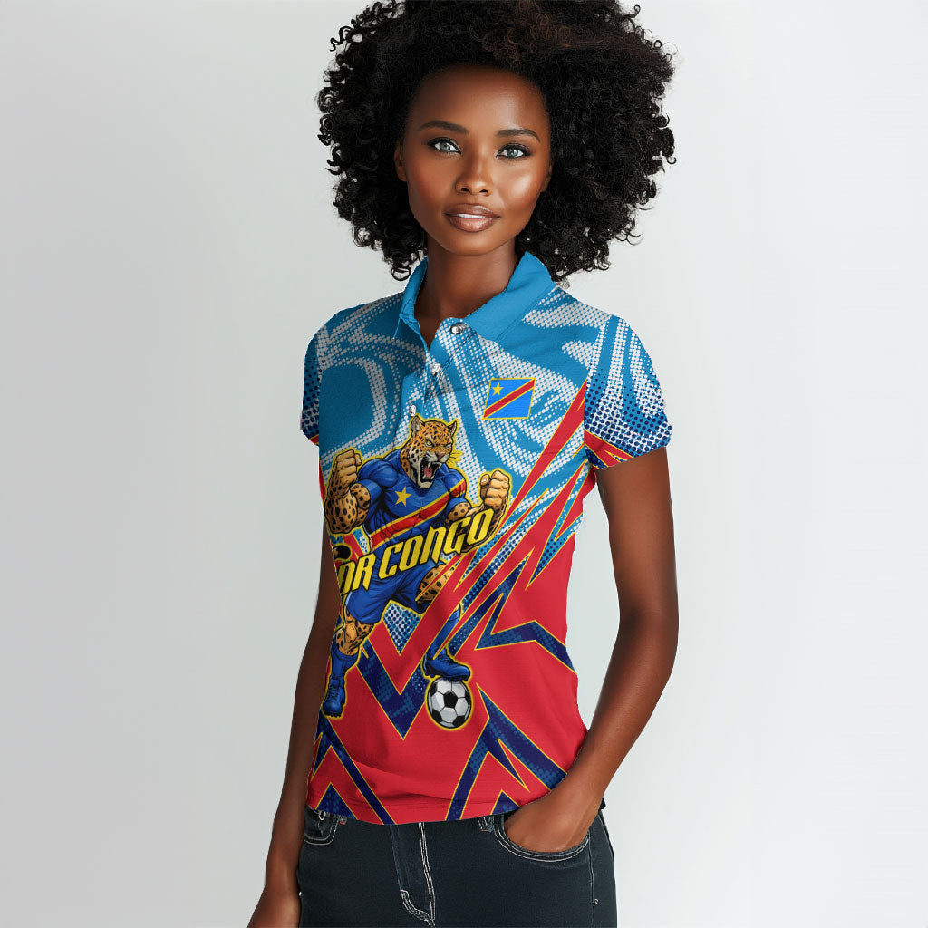 Personalized DR Congo Football Leopard Victory Women Polo Shirt Congolese Soccer Comic Style