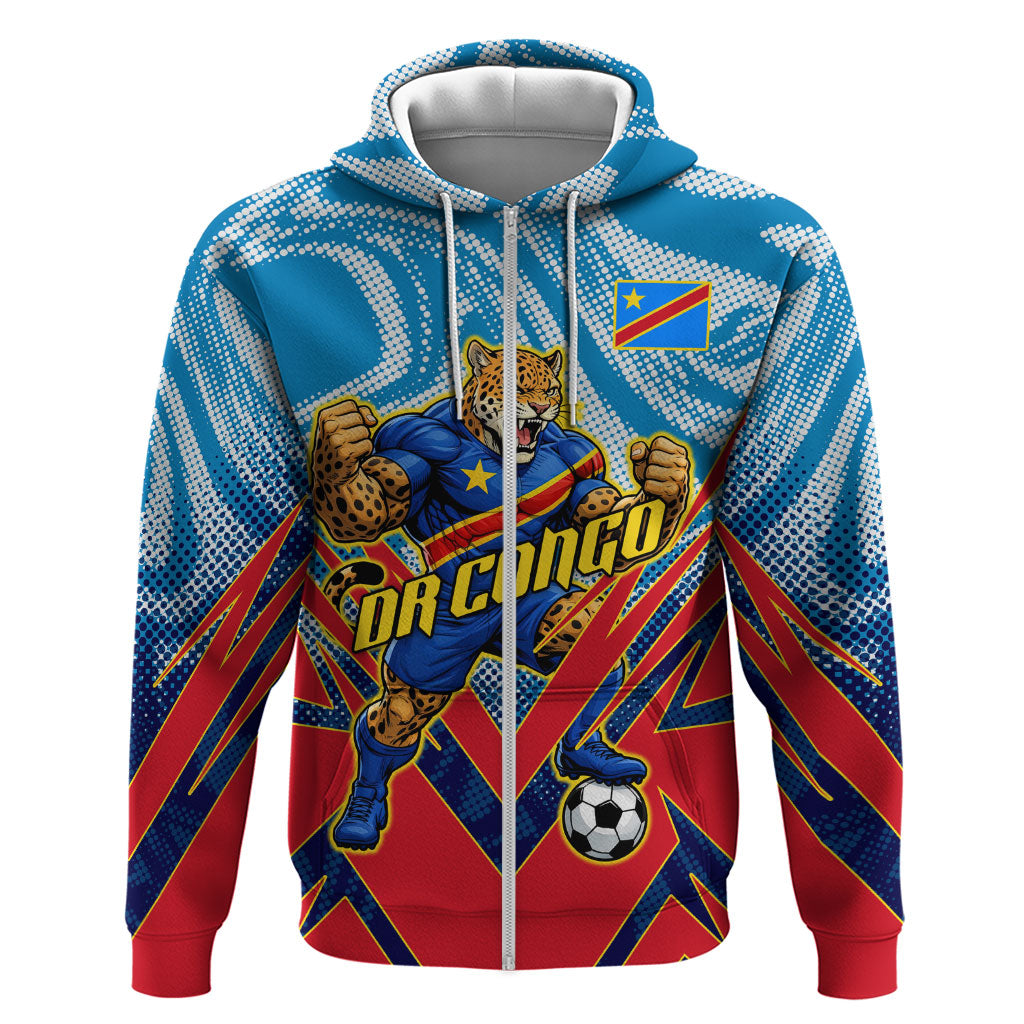 Personalized DR Congo Football Leopard Victory Zip Hoodie Congolese Soccer Comic Style