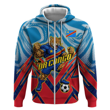 Personalized DR Congo Football Leopard Victory Zip Hoodie Congolese Soccer Comic Style