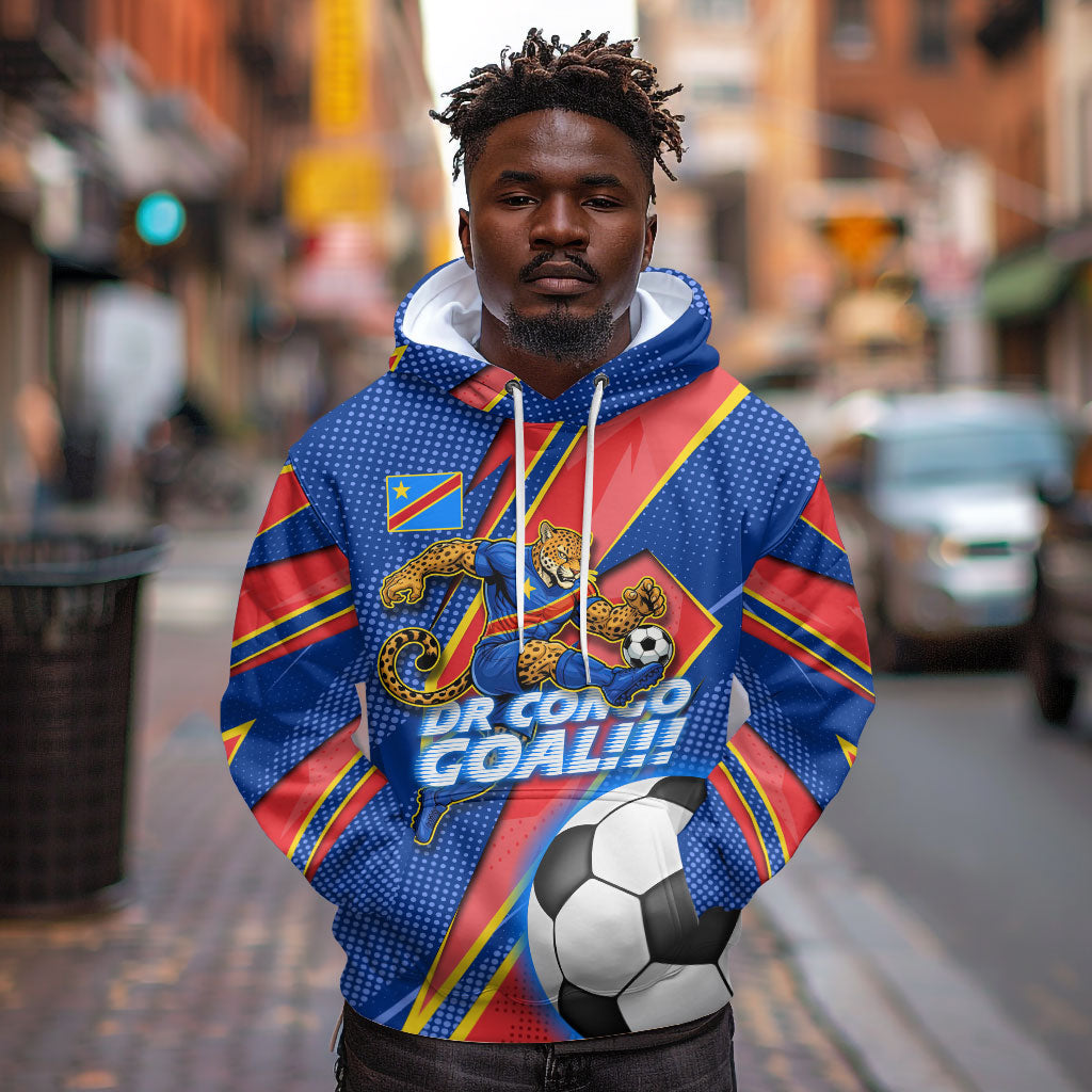 Personalized DR Congo Football Leopard GOAL Hoodie Congolese Football Champion - Dynamic Halftone Soccer Style