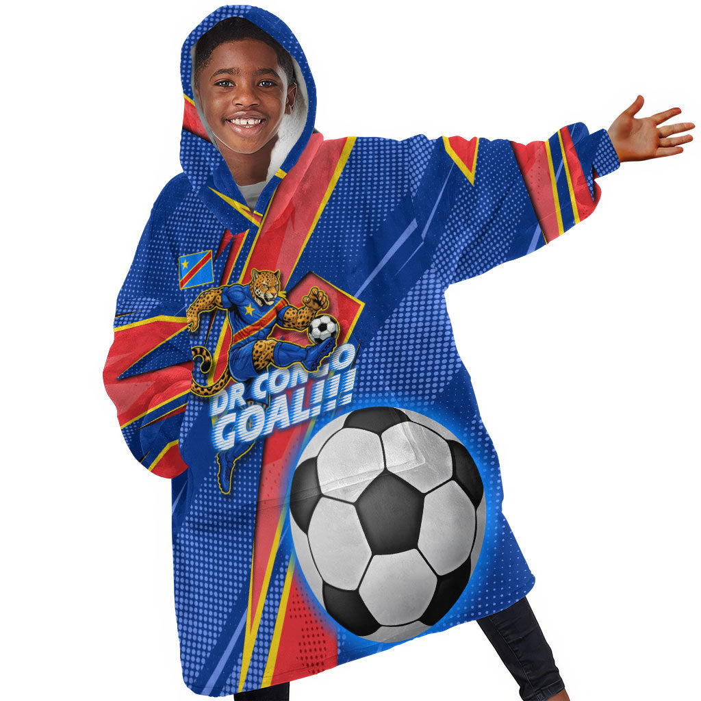 Personalized DR Congo Football Leopard GOAL Kid Wearable Blanket Hoodie Congolese Football Champion - Dynamic Halftone Soccer Style