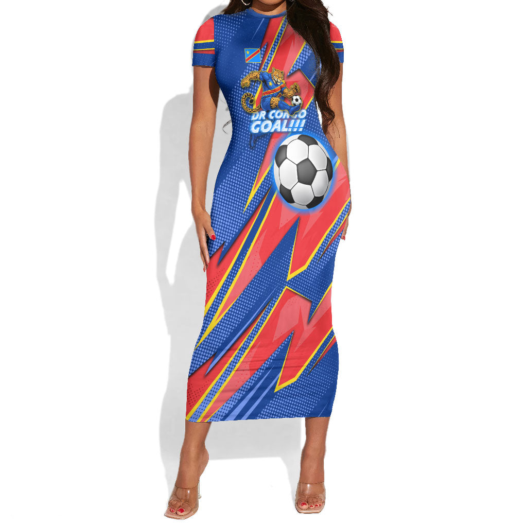 Personalized DR Congo Football Leopard GOAL Short Sleeve Bodycon Dress Congolese Football Champion - Dynamic Halftone Soccer Style