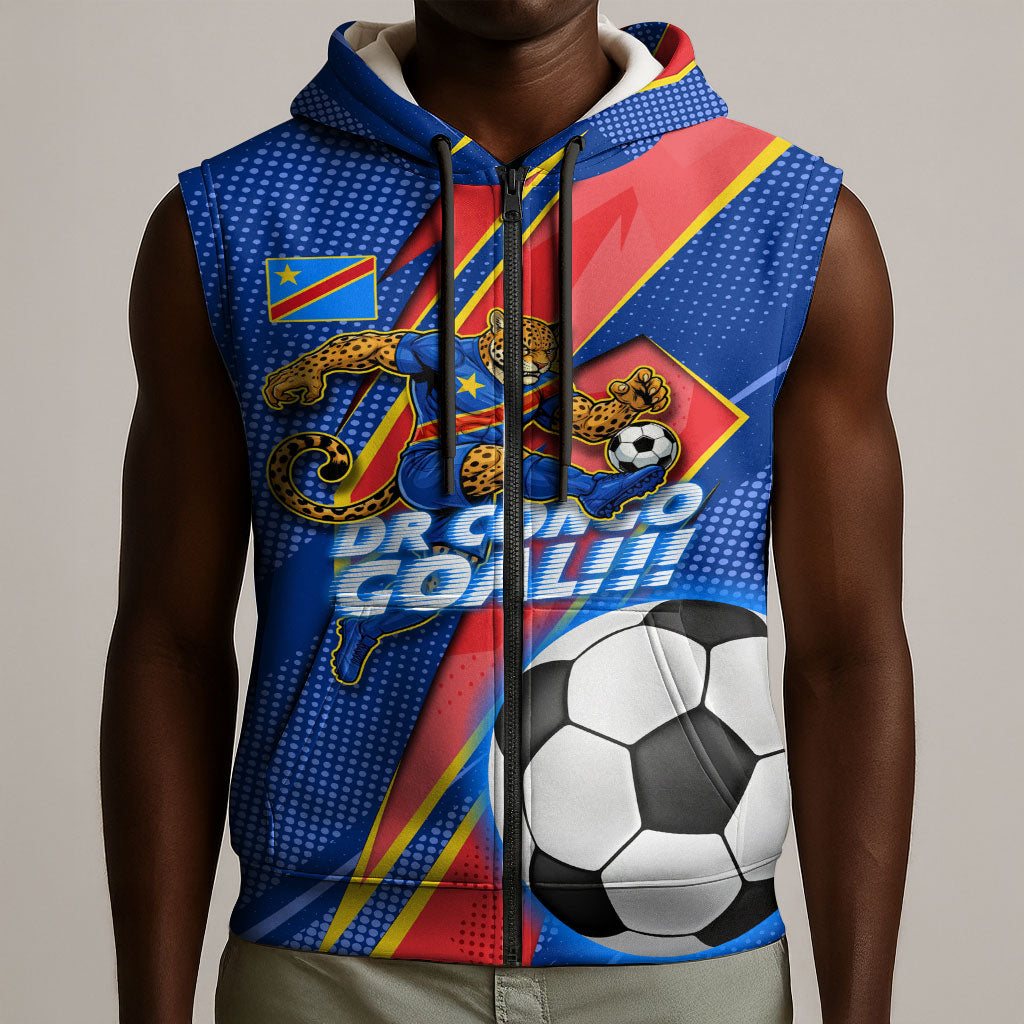 Personalized DR Congo Football Leopard GOAL Sleeveless Zip Hoodie Congolese Football Champion - Dynamic Halftone Soccer Style