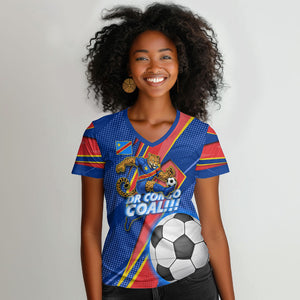 Personalized DR Congo Football Leopard GOAL Women V-Neck T-Shirt Congolese Football Champion - Dynamic Halftone Soccer Style