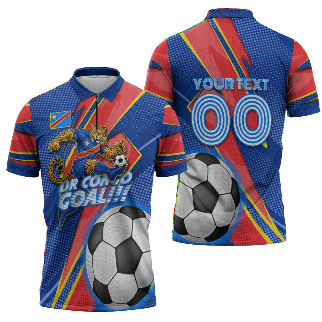 Personalized DR Congo Football Leopard GOAL Zipper Polo Shirt Congolese Football Champion - Dynamic Halftone Soccer Style