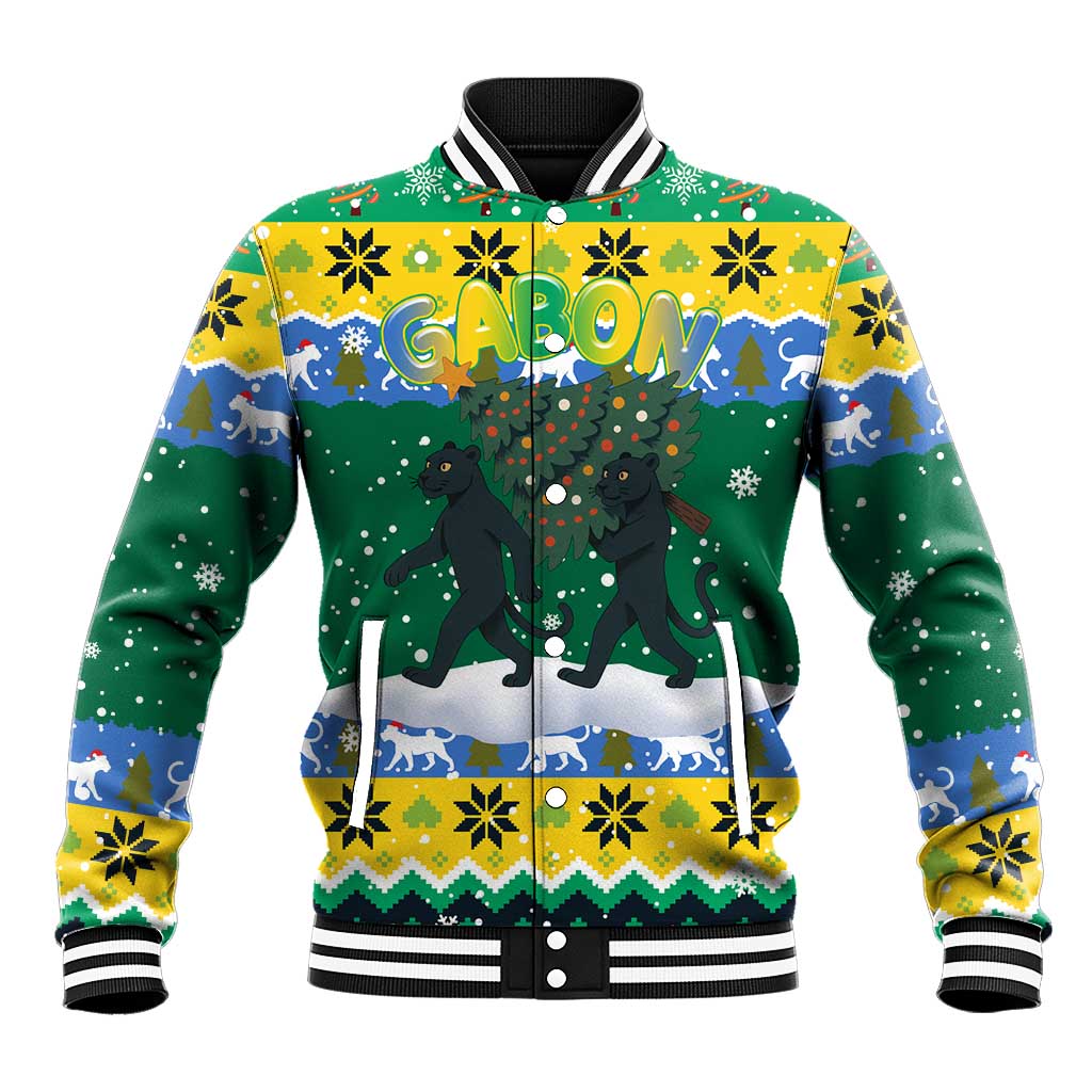 Gabon Christmas Baseball Jacket Black Panthers Carrying Tree and Snowflake - African Pride