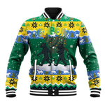Gabon Christmas Baseball Jacket Black Panthers Carrying Tree and Snowflake - African Pride